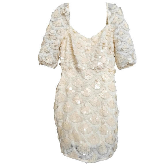 Nwt Fanco Off Shoulder Creme Lace Mesh Sequin Short Sleeve Square Neck  Dress - Picture 6 of 17